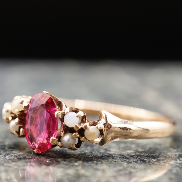 c.1880 Victorian Engagement Ring .52ct 6.5x4mm Natural Ruby Seed Pearls 14k - Picture 7 of 12